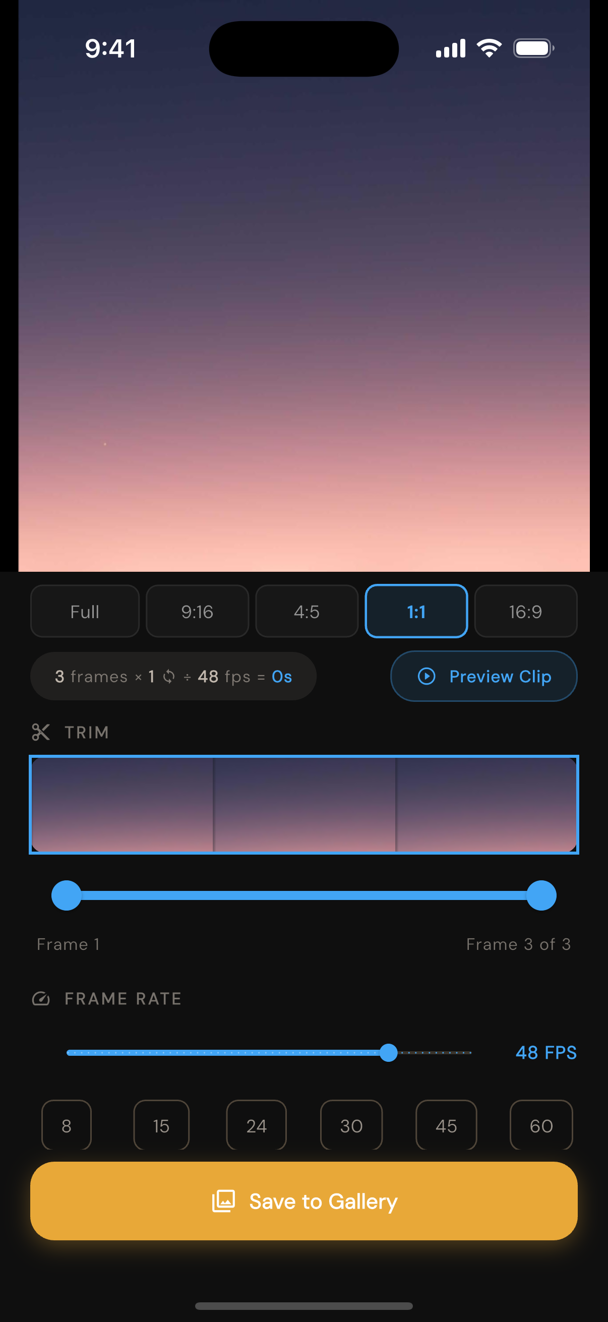 Custom export screen with trim, frame rate, and aspect ratio controls