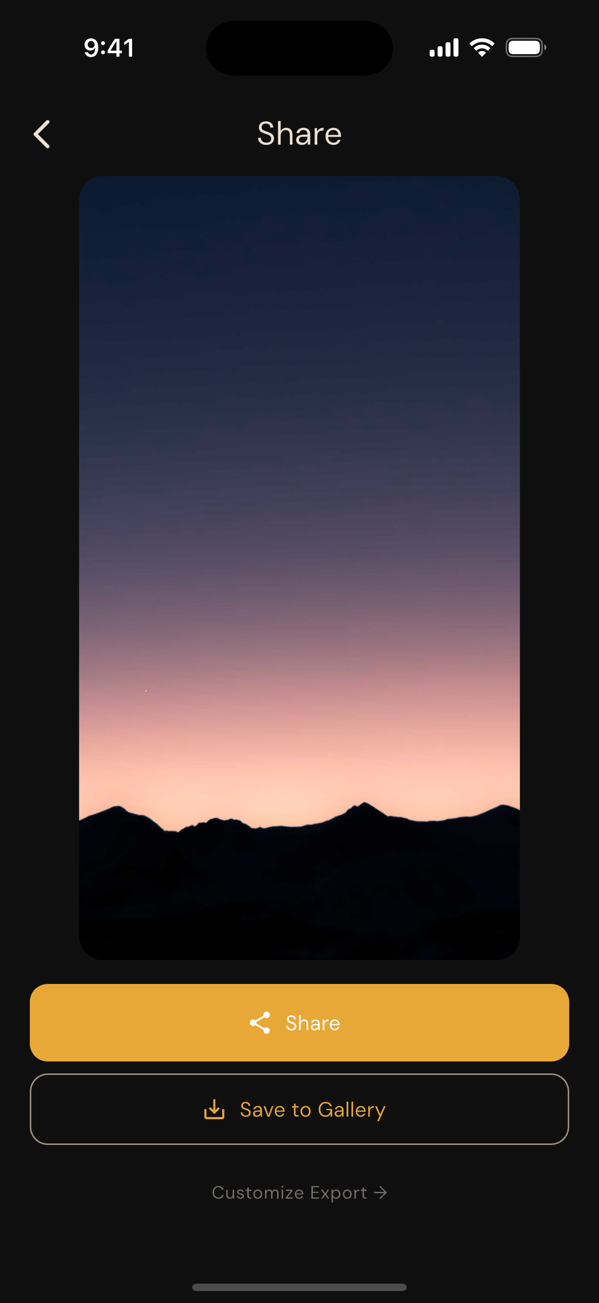 Quick share screen previewing a sunset timelapse ready to share