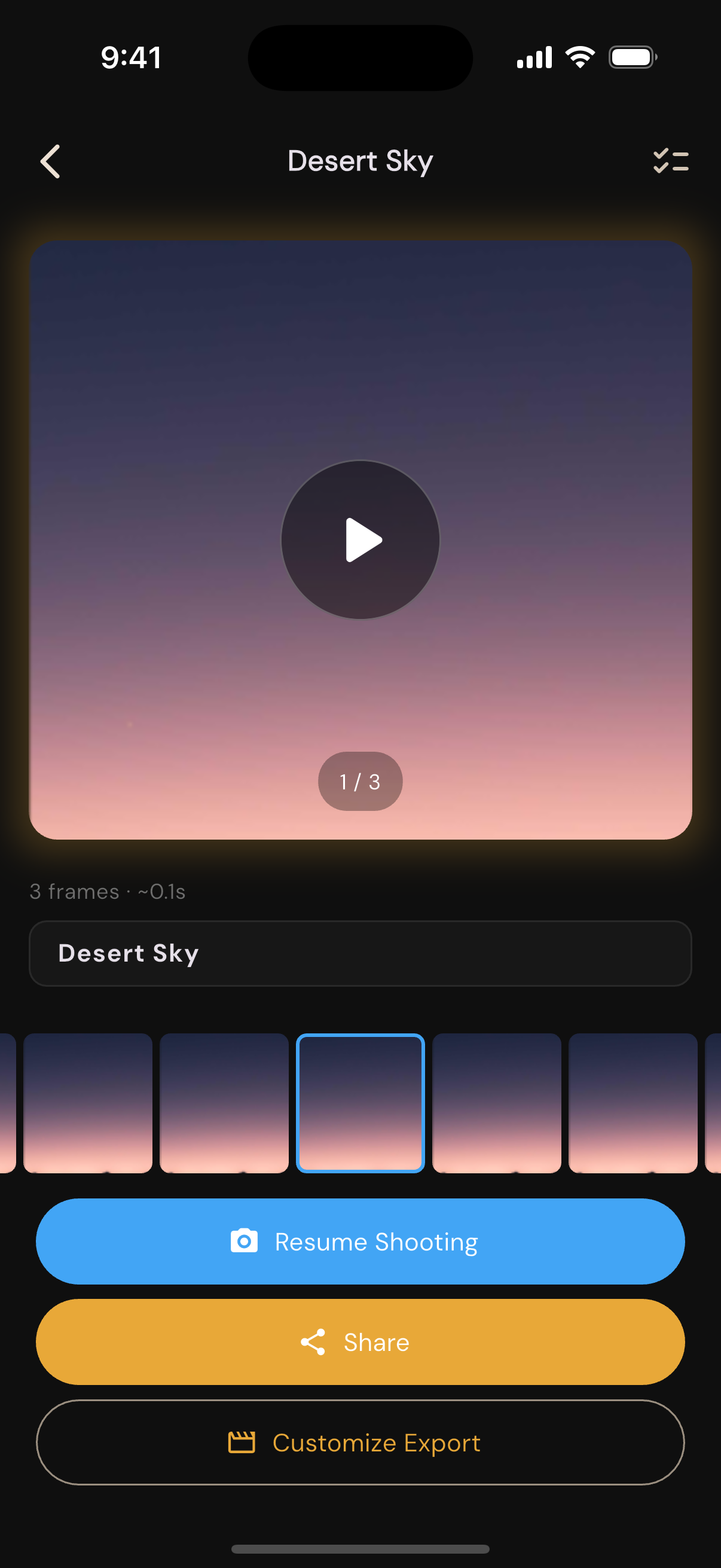 Session detail showing a Desert Sky timelapse with playback controls and frame strip