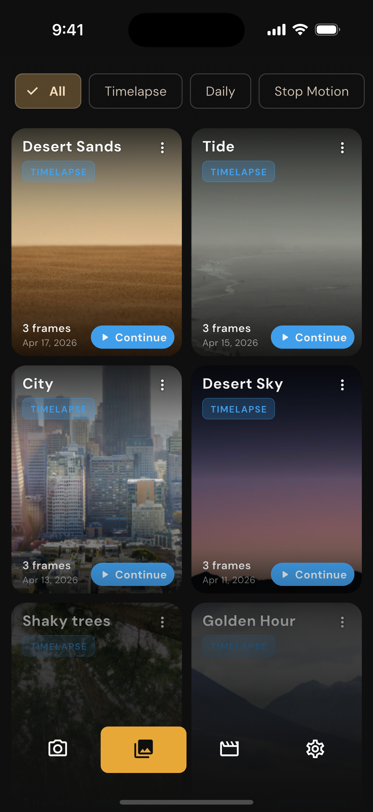 Sessions grid showing timelapse projects with thumbnails and frame counts