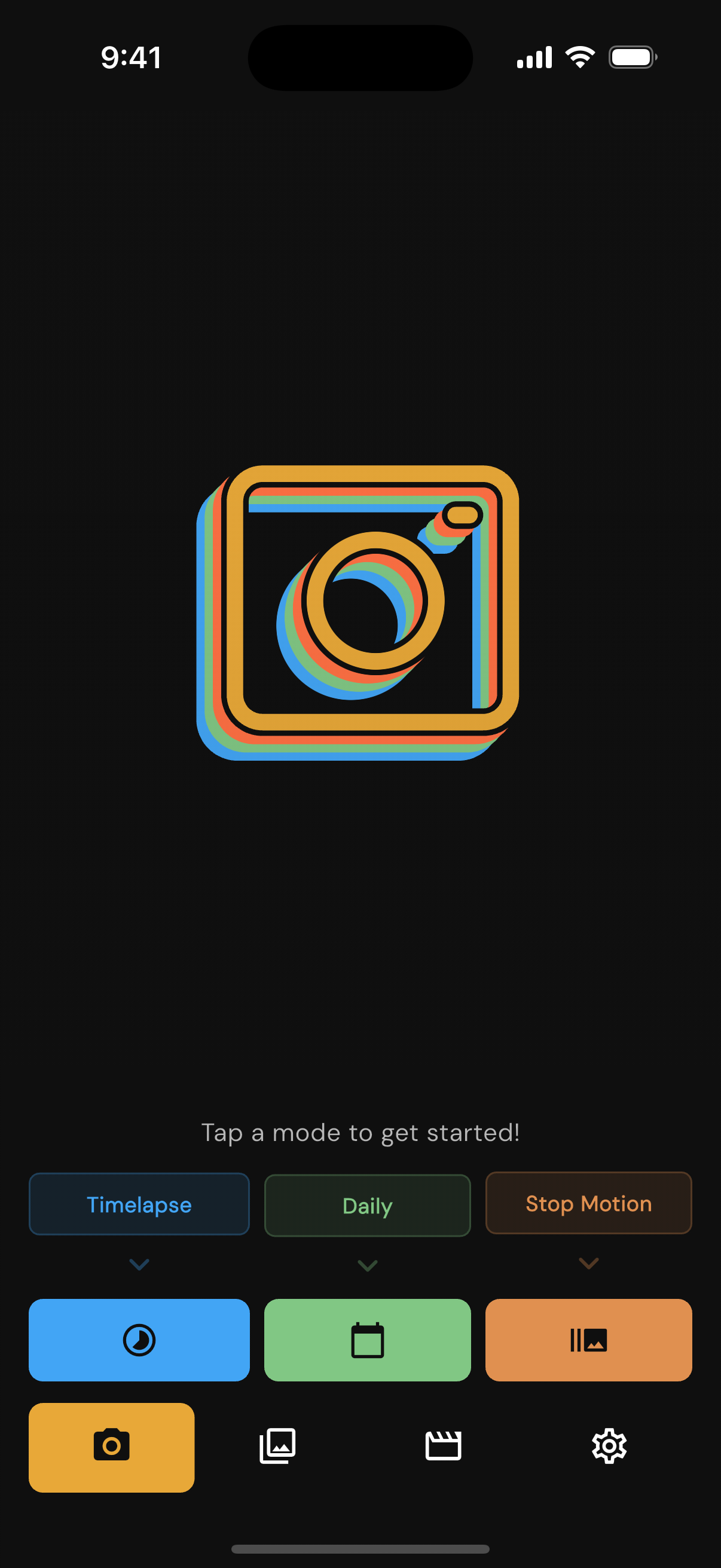 Retropic home screen on first launch, prompting to pick a capture mode