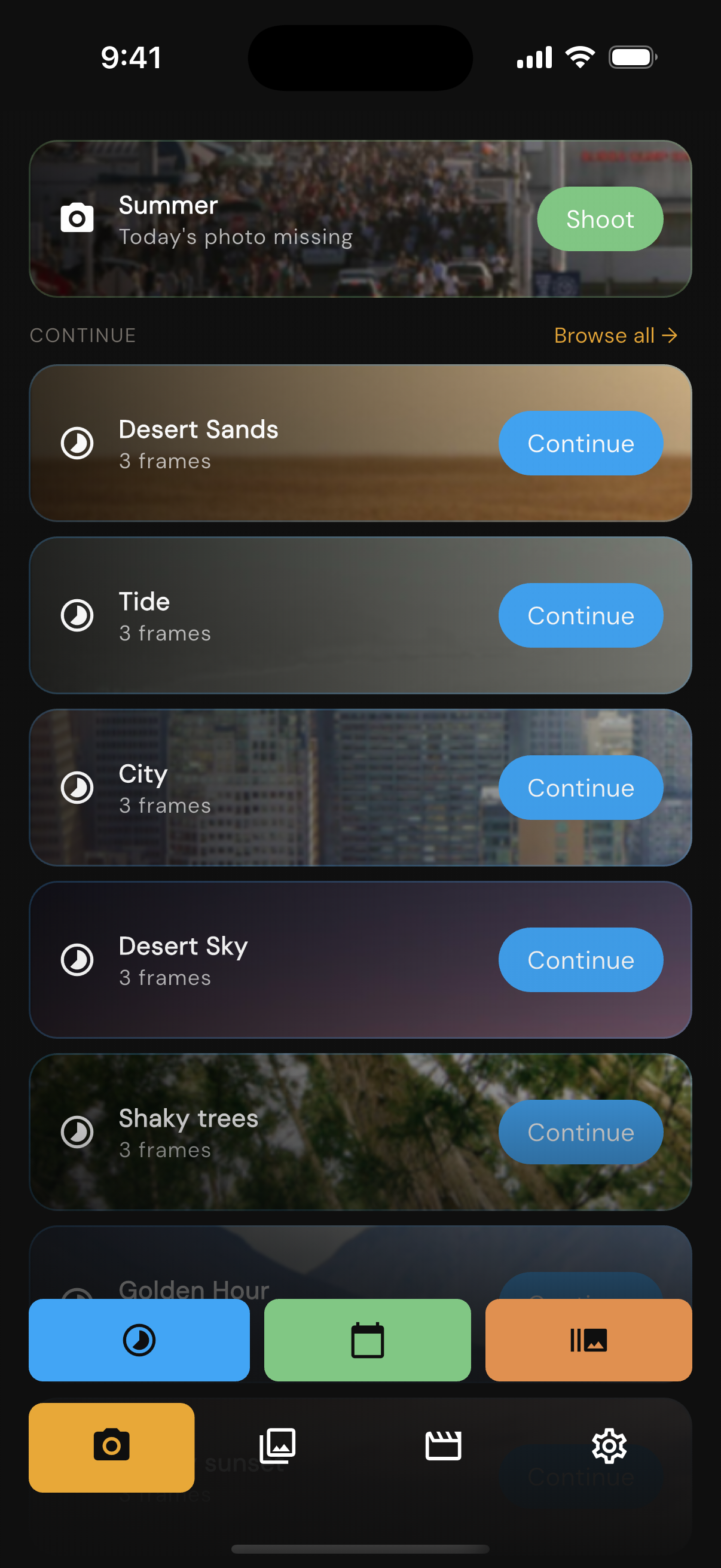 Retropic app Shoot screen showing timelapse sessions with desert, city, and sunset thumbnails